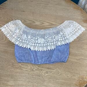 Miguelina Dakota Chambray Lace Crochet Off The Shoulder Crop Top Blue Size Small
